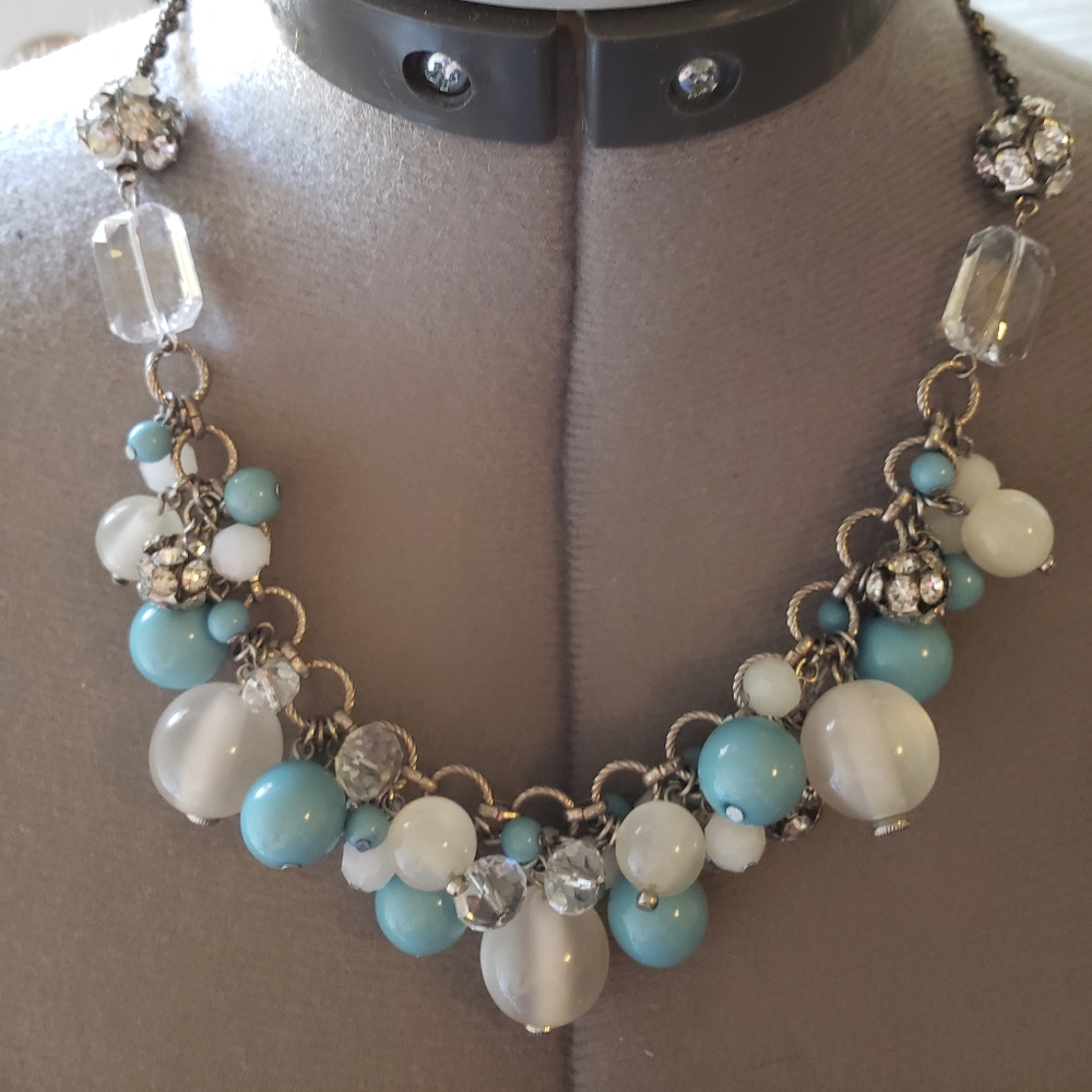 Turquoise/Light Blue/Clear and Rhinestones Beaded Necklace